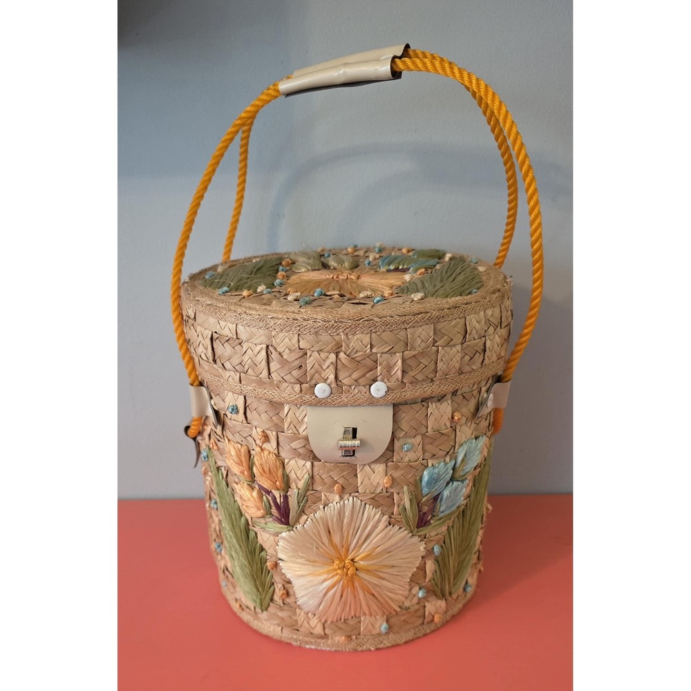 Vintage 1960s Straw Bucket Bag with Raffia Floral Embroidery